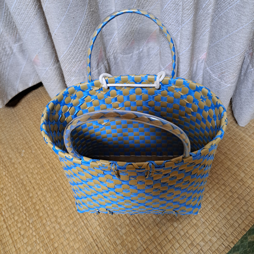 PPバンドかご(3用途仕様はけご 特大)、収穫かご、プラカゴ 模様b-オ-青