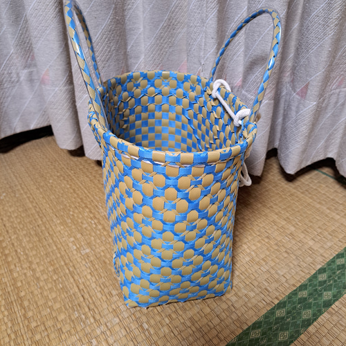 PPバンドかご(3用途仕様はけご 特大)、収穫かご、プラカゴ 模様b-オ-青