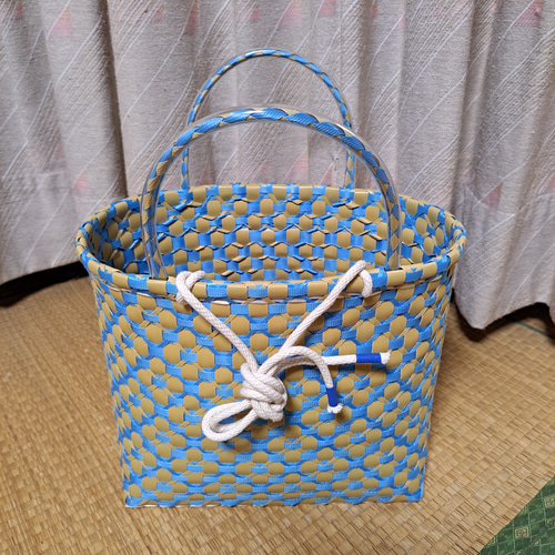 PPバンドかご(3用途仕様はけご 特大)、収穫かご、プラカゴ 模様b-オ-青