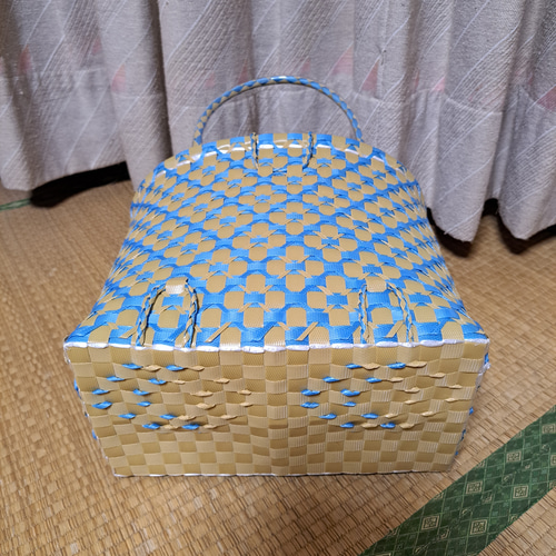 PPバンドかご(3用途仕様はけご 特大)、収穫かご、プラカゴ 模様b-オ-青