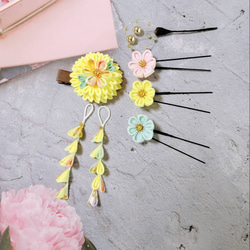 ☆和装ヘッドパーツセット☆　つまみ細工　下がり付き半くすヘアクリップ　七五三　3歳　7歳　初節句　成人式　和装 2枚目の画像