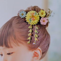 ☆和装ヘッドパーツセット☆　つまみ細工　下がり付き半くすヘアクリップ　七五三　3歳　7歳　初節句　成人式　和装 1枚目の画像