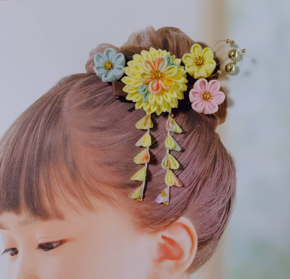 ☆和装ヘッドパーツセット☆　つまみ細工　下がり付き半くすヘアクリップ　七五三　3歳　7歳　初節句　成人式　和装 1枚目の画像