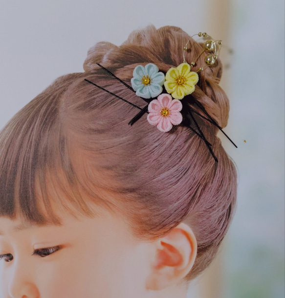 ☆和装ヘッドパーツセット☆　つまみ細工　下がり付き半くすヘアクリップ　七五三　3歳　7歳　初節句　成人式　和装 4枚目の画像
