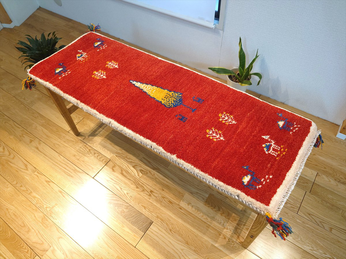 ペルシャ　ギャッベ ミニランナー　ラグ　115x40㎝　茜色　ベージュ　糸杉　RJ14515