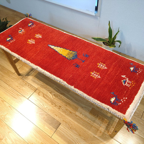 ペルシャ ギャッベ ミニランナー ラグ 115x40㎝ 茜色 ベージュ 糸杉