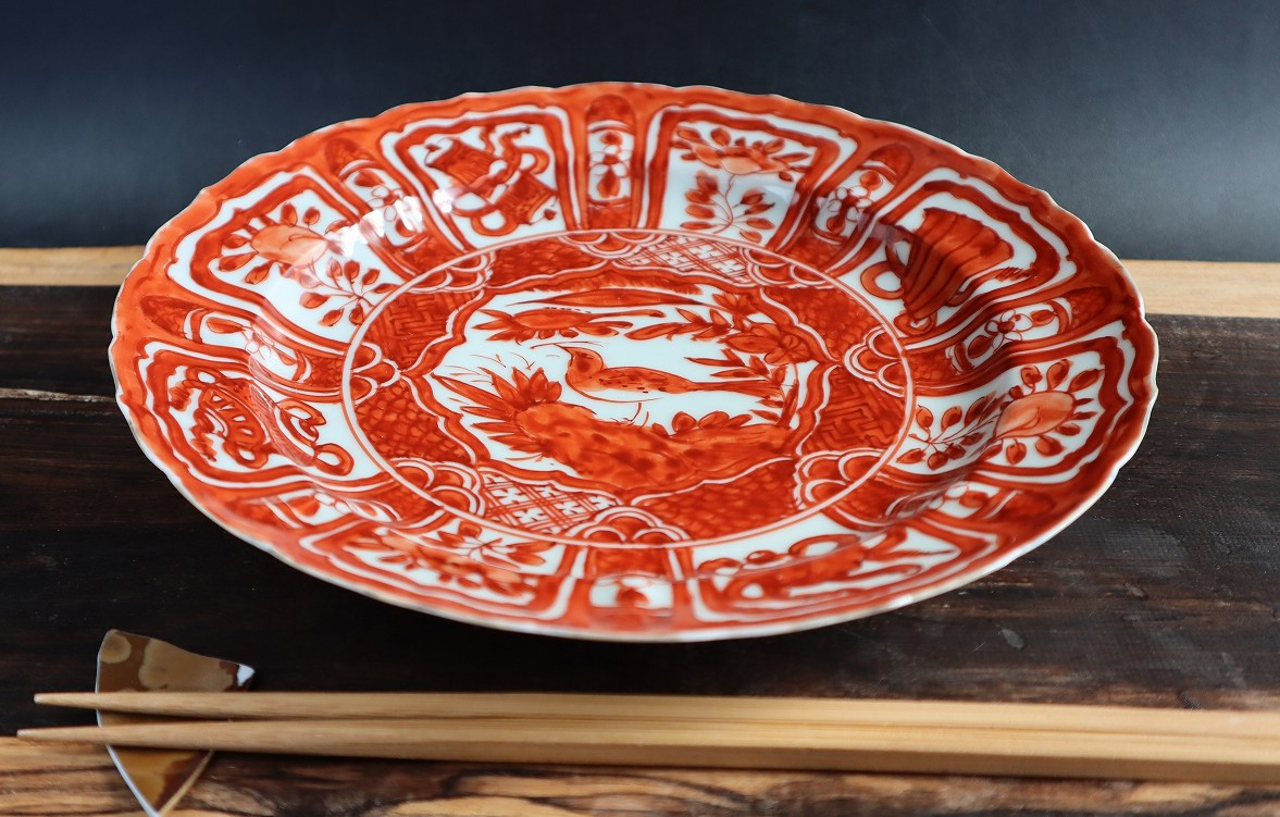 新・赤絵芙蓉手打ち込み七寸皿