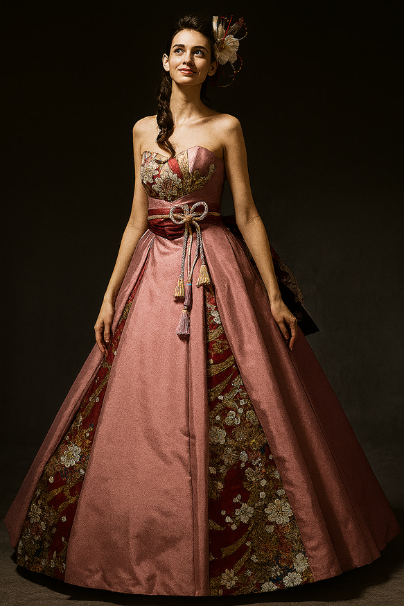 【レア】和ドレス 総刺繍打掛生地　サーモンピンク　着物ドレス　帯締 送料無料！着物ドレス、和ドレス ピンク ベアトップ 花柄モチーフで