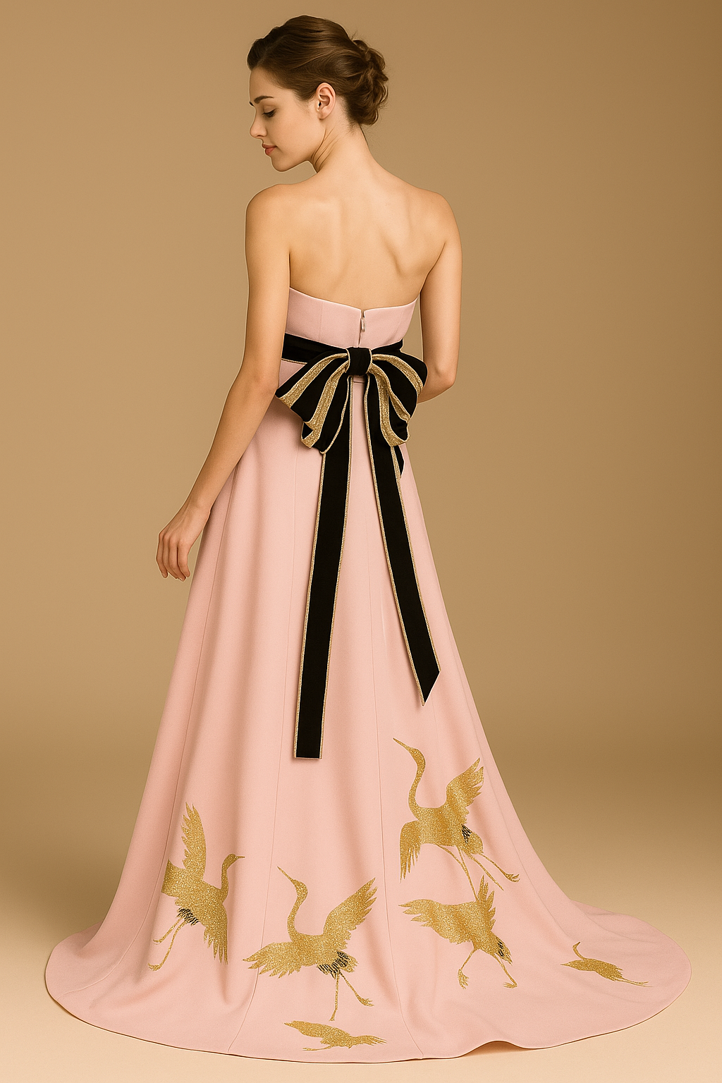 ピンク着物ドレス　和ドレス　振袖　金鶴（プリント製）パーティードレス　二次会　披露宴　結婚式