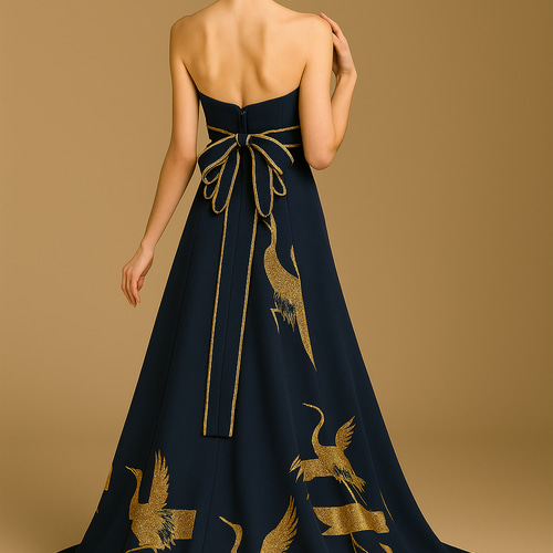 ネイビー着物ドレス 和ドレス 振袖 金鶴（プリント製）パーティー