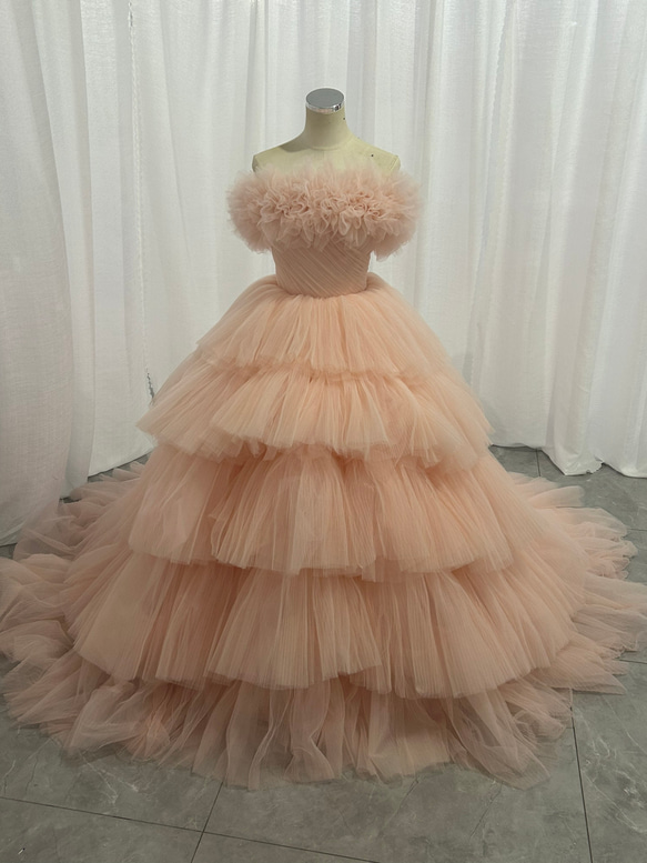 オフショルダー カラードレス 韓国風ドレス チュールドレス もこもこ