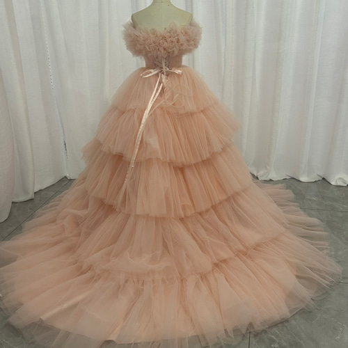 オフショルダー カラードレス 韓国風ドレス チュールドレス もこもこ