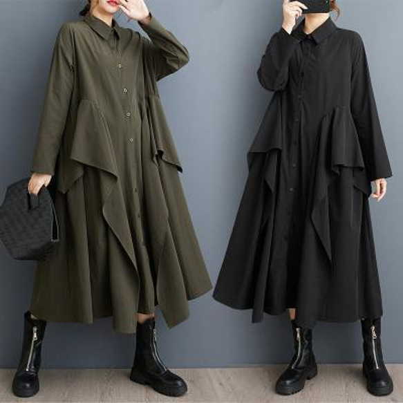 大きいサイズ レディース 秋　冬 ワンピース　新品 長袖　春　カーキ ワンピース ロング カーキ 大きいサイズ レディース 秋冬 春
