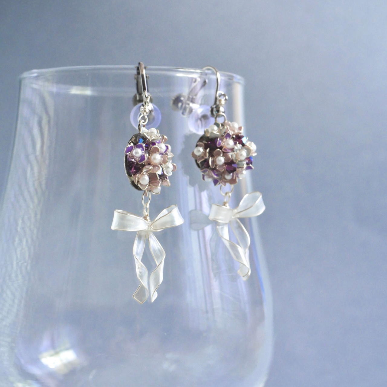フリルリボン紫陽花　紫　イヤリング/ピアス　ディップアート