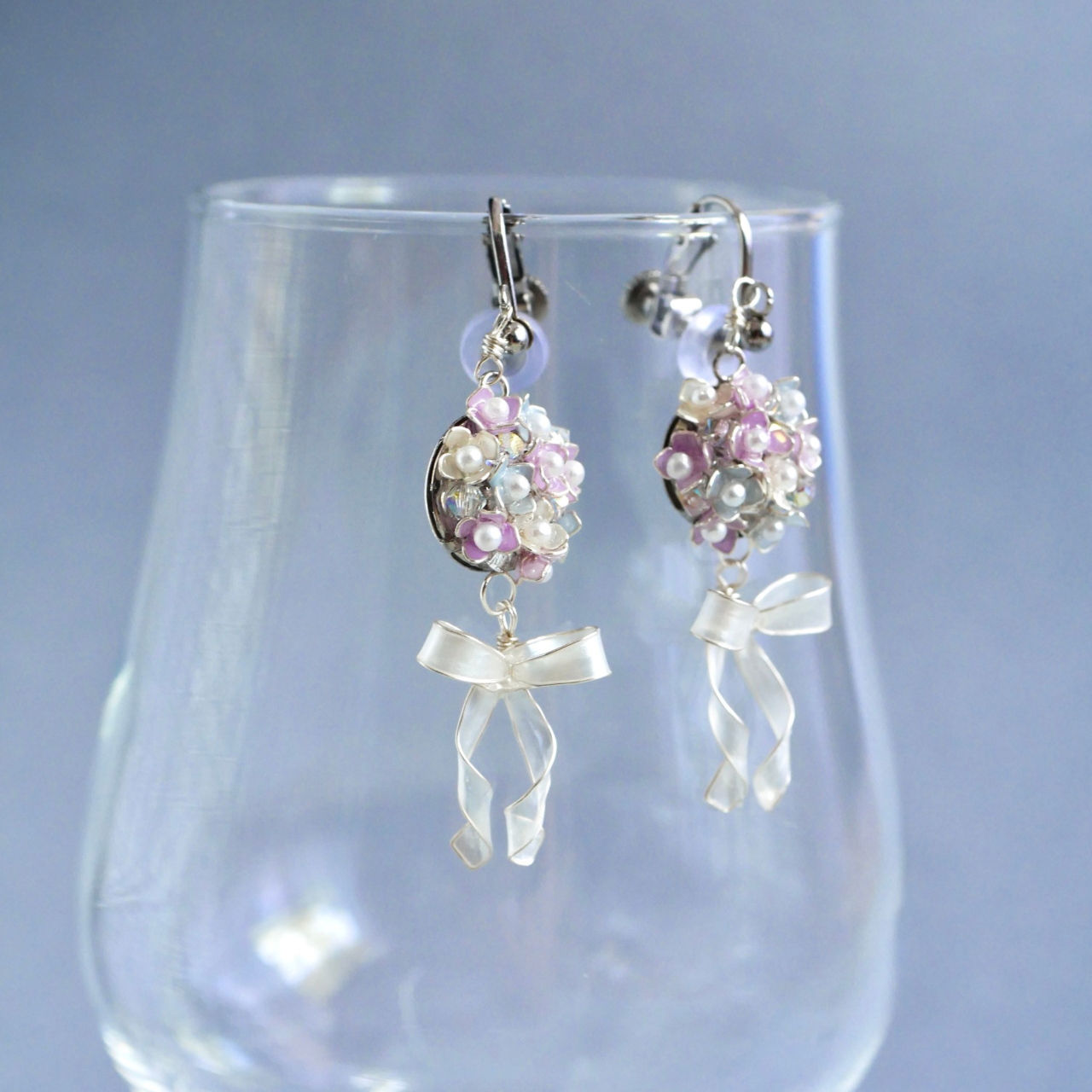 フリルリボン紫陽花　ライラック　イヤリング/ピアス　ディップアート