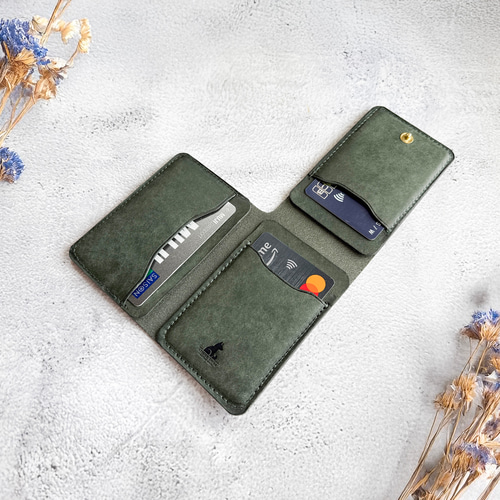 三つ折りカードケース 本革 ｲﾀﾘｱﾝﾚｻﾞｰ MossGreen モスグリーン 名刺