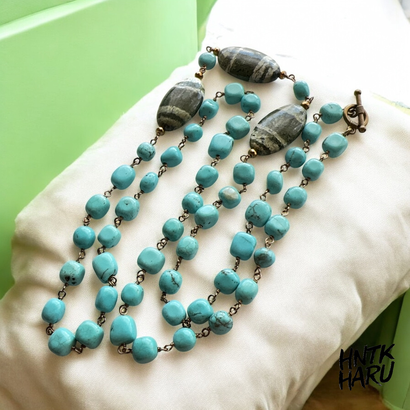 HNTK 大粒サーペンティン＆マグネサイトターコイズ ロングネックレス　N0765