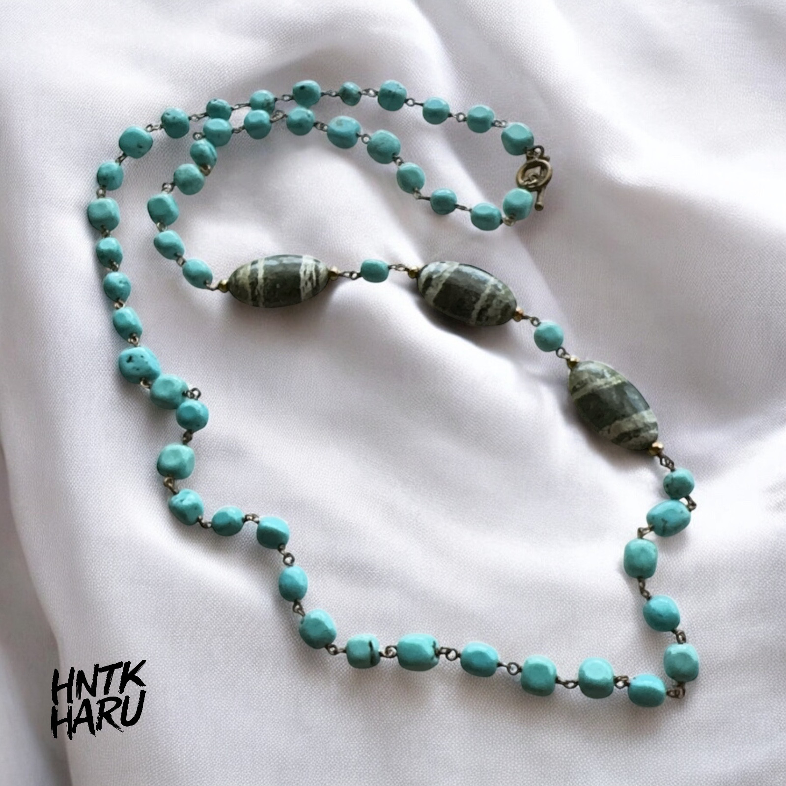 HNTK 大粒サーペンティン＆マグネサイトターコイズ ロングネックレス　N0765