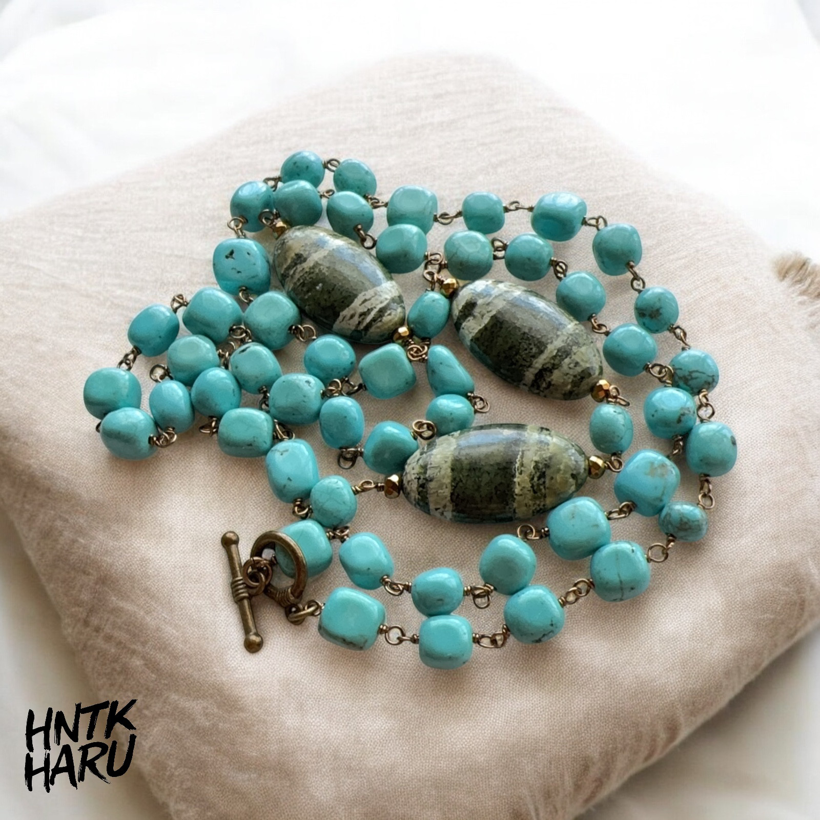 HNTK 大粒サーペンティン＆マグネサイトターコイズ ロングネックレス　N0765