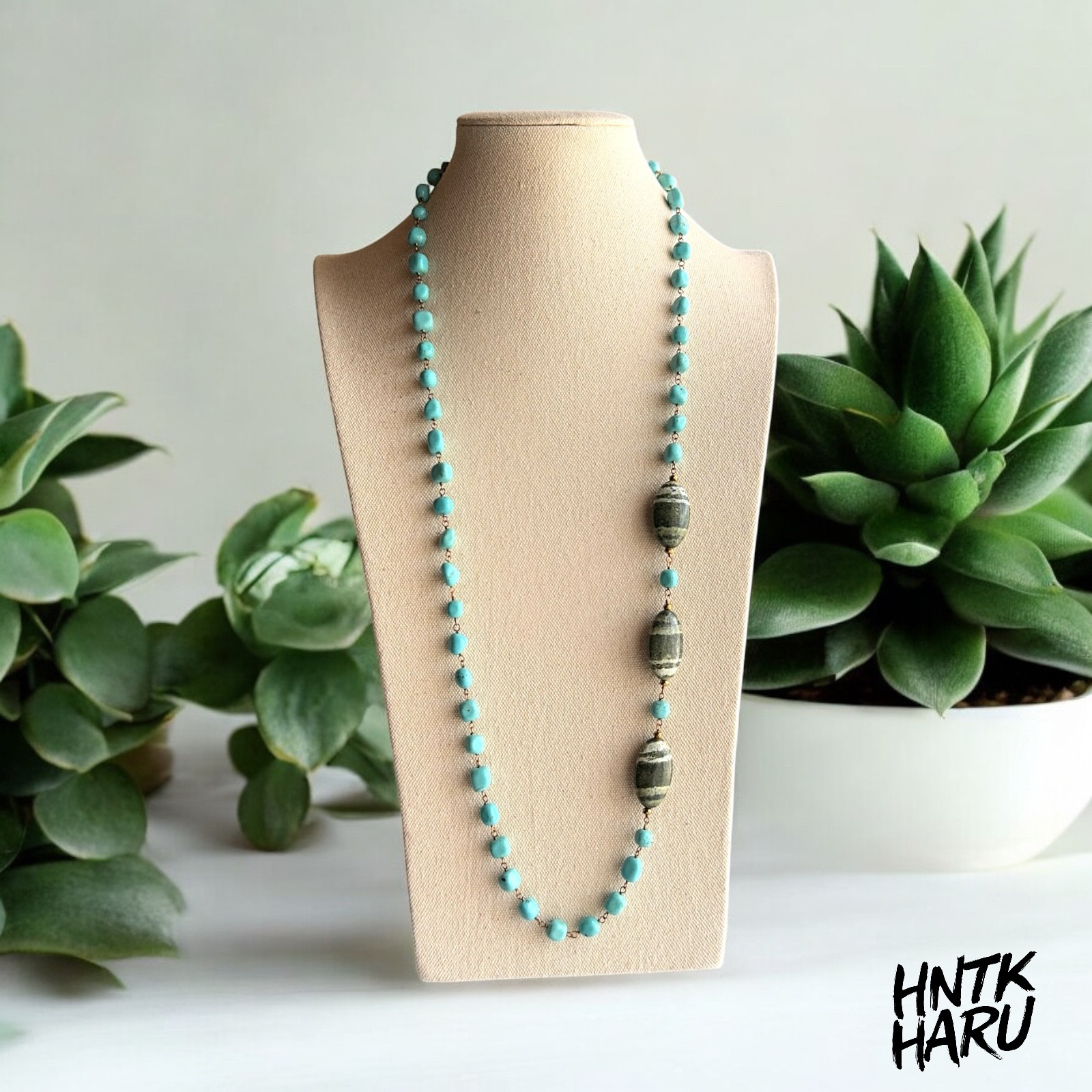HNTK 大粒サーペンティン＆マグネサイトターコイズ ロングネックレス　N0765