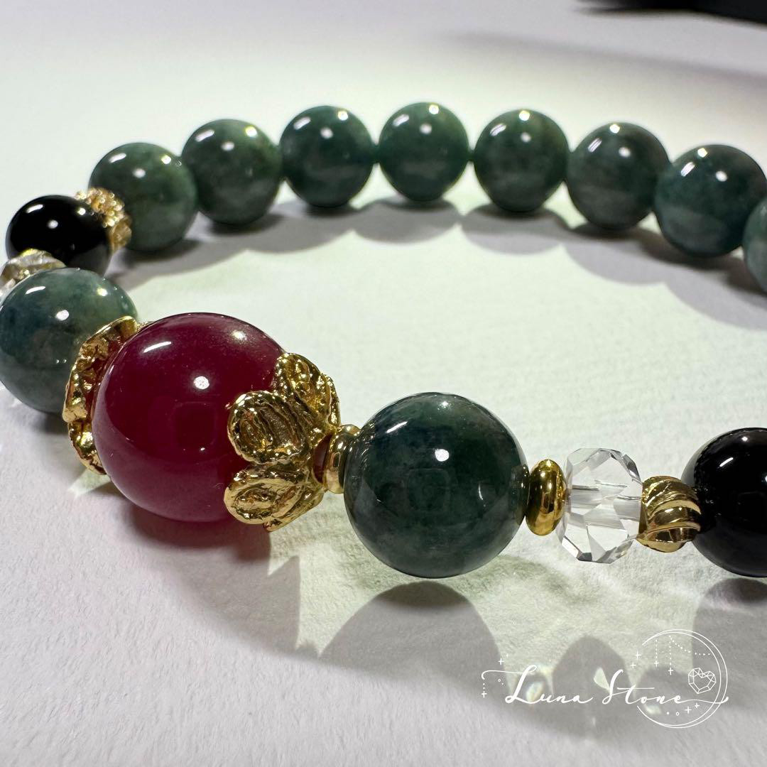 【ルビー 翡翠 オニキス 水晶】守りと自信を宿す 天然石 ブレスレット