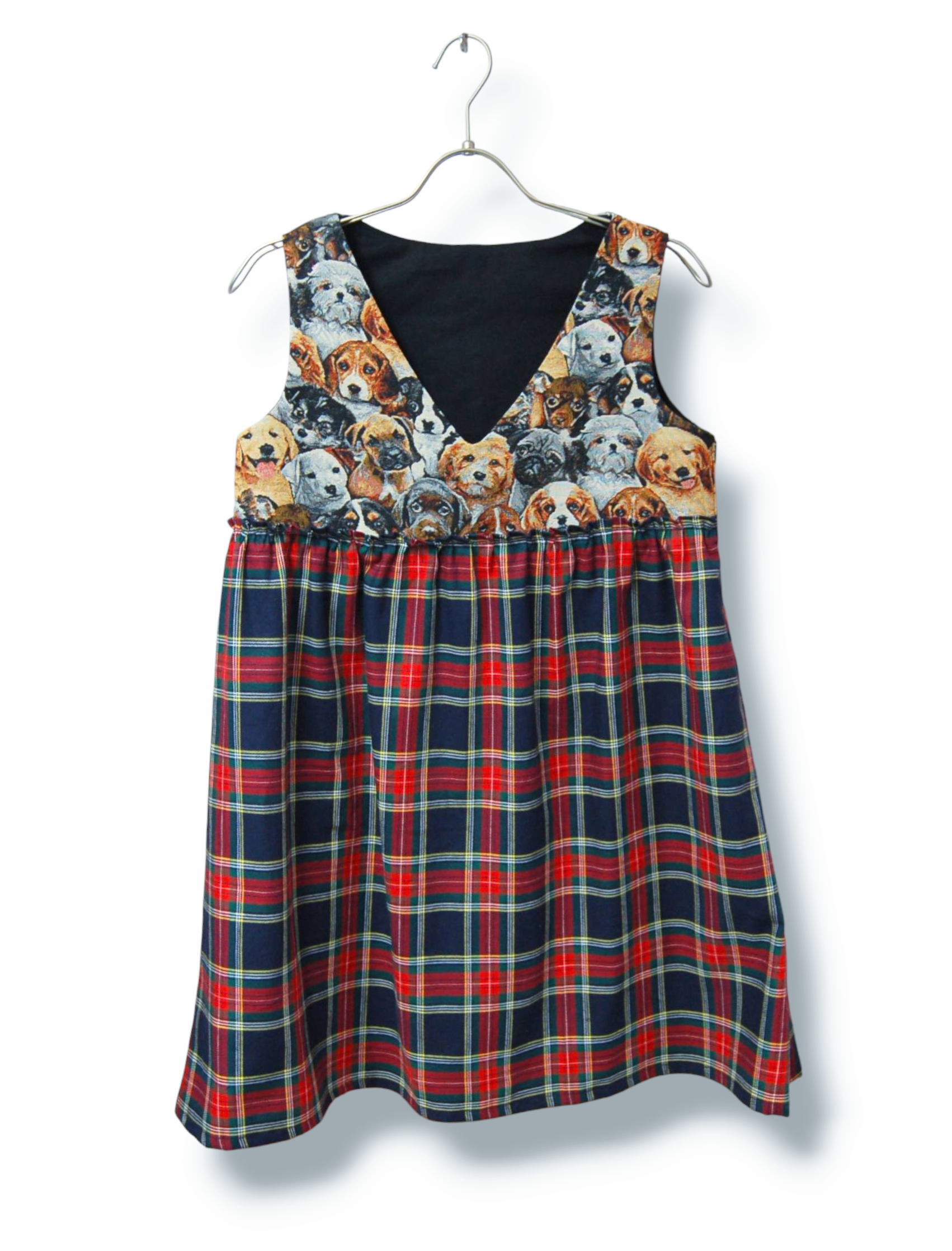 犬柄×タータンチェック　Vネック切り替えノースリーブギャザーチュニック