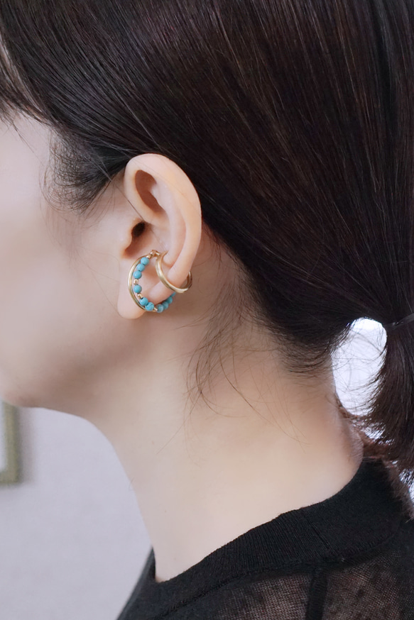 【十二月生辰石】黃銅淺綠松石耳夾 第4張的照片