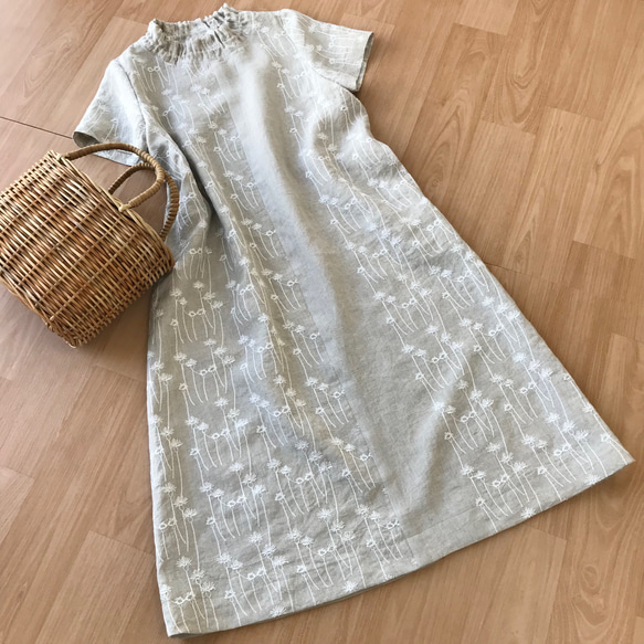 リネン 刺繍レース地 半袖 ワンピース ワンピース 手づくりの店