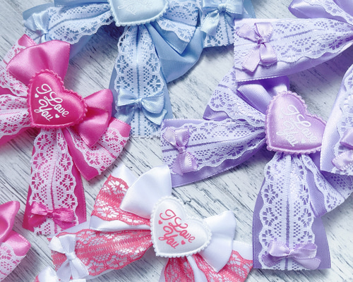 ハートリボンヘアクリップ 2個セット 水色 紫 白 ビビットピンク