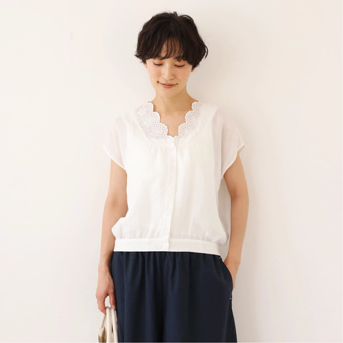 スイス刺繍 Vネックブラウス スカラップ刺しゅうレースブラウスVネック[品番：II000010443