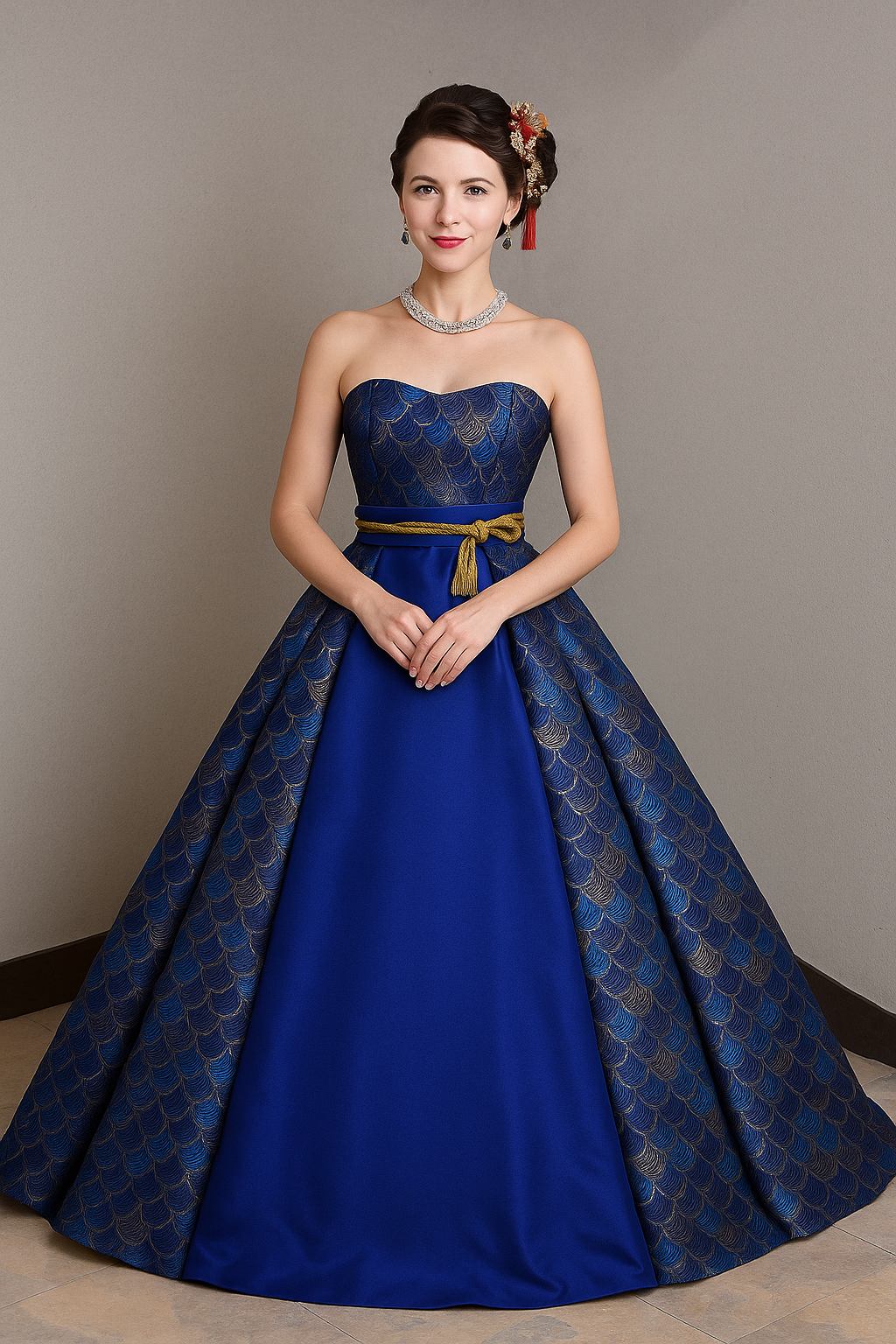 送料無料！着物ドレス、和風ドレス ネイビー 編み上げ フリルドレス ビスチェドレス  アンティーク色 結婚式