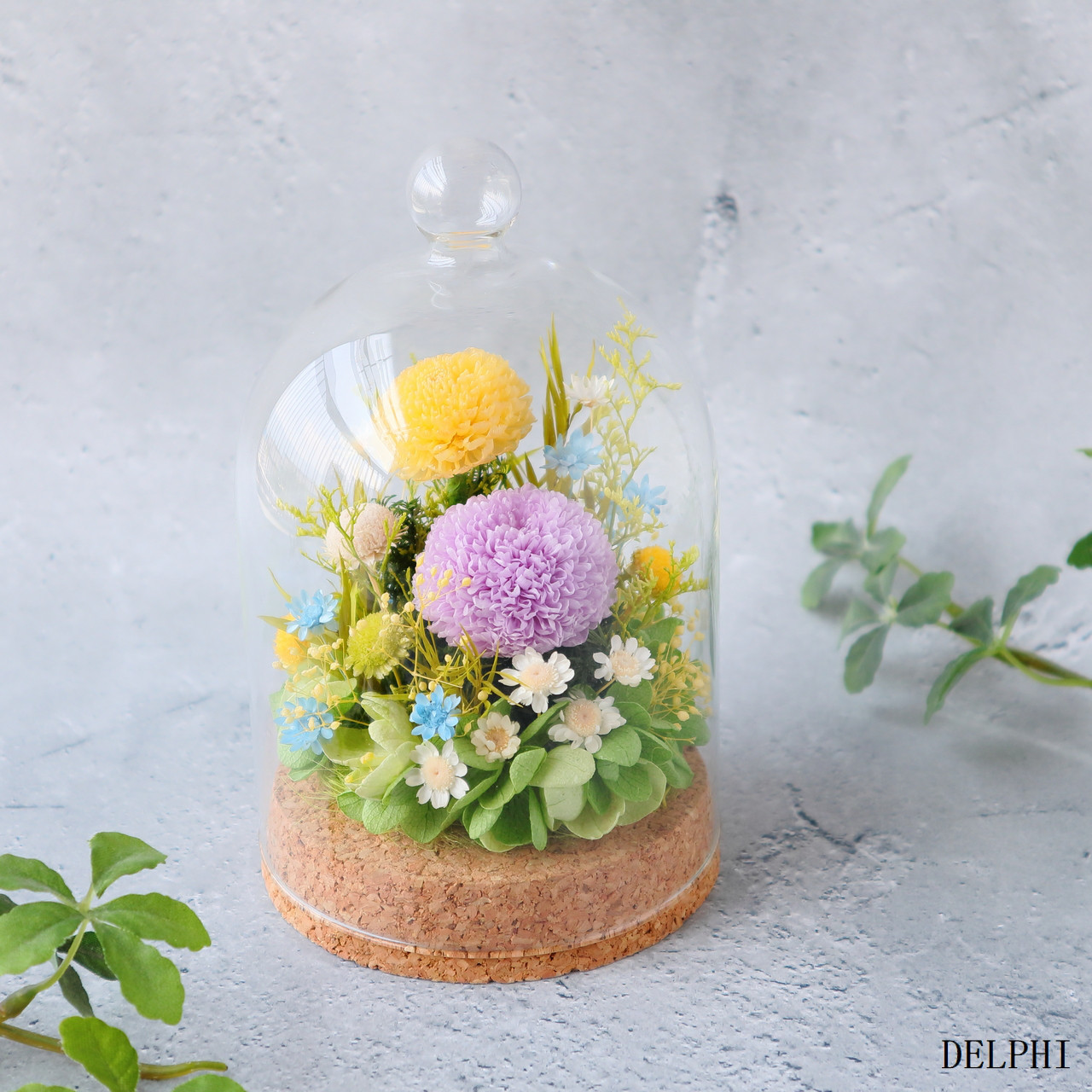 【翌日発送】ポンポンマムのガラスドームアレンジメント（イエロー＆Sライラック）【プリザーブドフラワー】お供え花　仏花