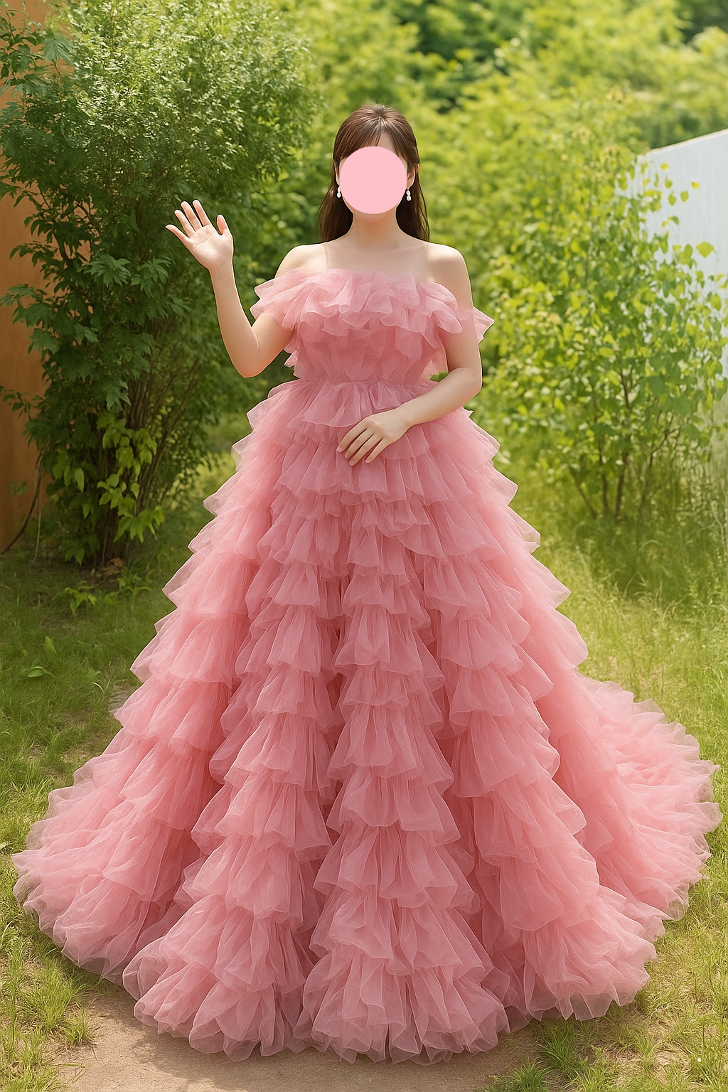 送料無料！カラードレス ピンク ティアードのドレス ベアトップ ふわふわドレス  プリンセスライン 結婚式/披露宴