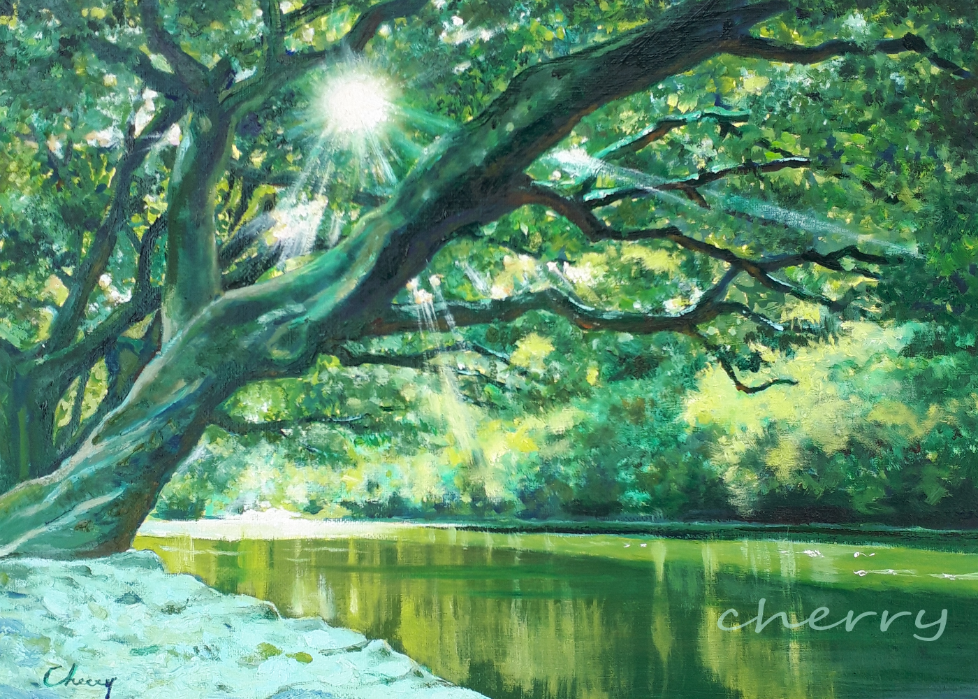 【一点物】『　緑の清涼　』油絵 F4号　油彩　油画　絵画　インテリアアート 一点物】『 緑の清涼 』油絵 F4号 油彩 油画 絵画 インテリア