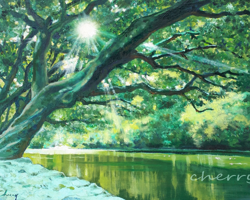 【一点物】『　緑の清涼　』油絵 F4号　油彩　油画　絵画　インテリアアート 28c9fbc232f92d4f2b78373245467d