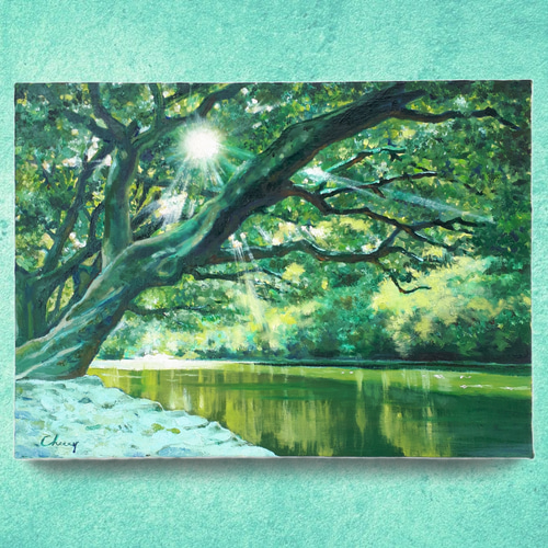 【一点物】『　緑の清涼　』油絵 F4号　油彩　油画　絵画　インテリアアート 一点物】『 緑の清涼 』油絵 F4号 油彩 油画 絵画 インテリア