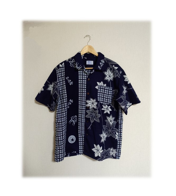 26　１点物　メンズ　開襟シャツ　アロハシャツ　大きいサイズ　2種類の浴衣　格子柄　紅葉柄　歌舞伎柄　デッドストック浴衣