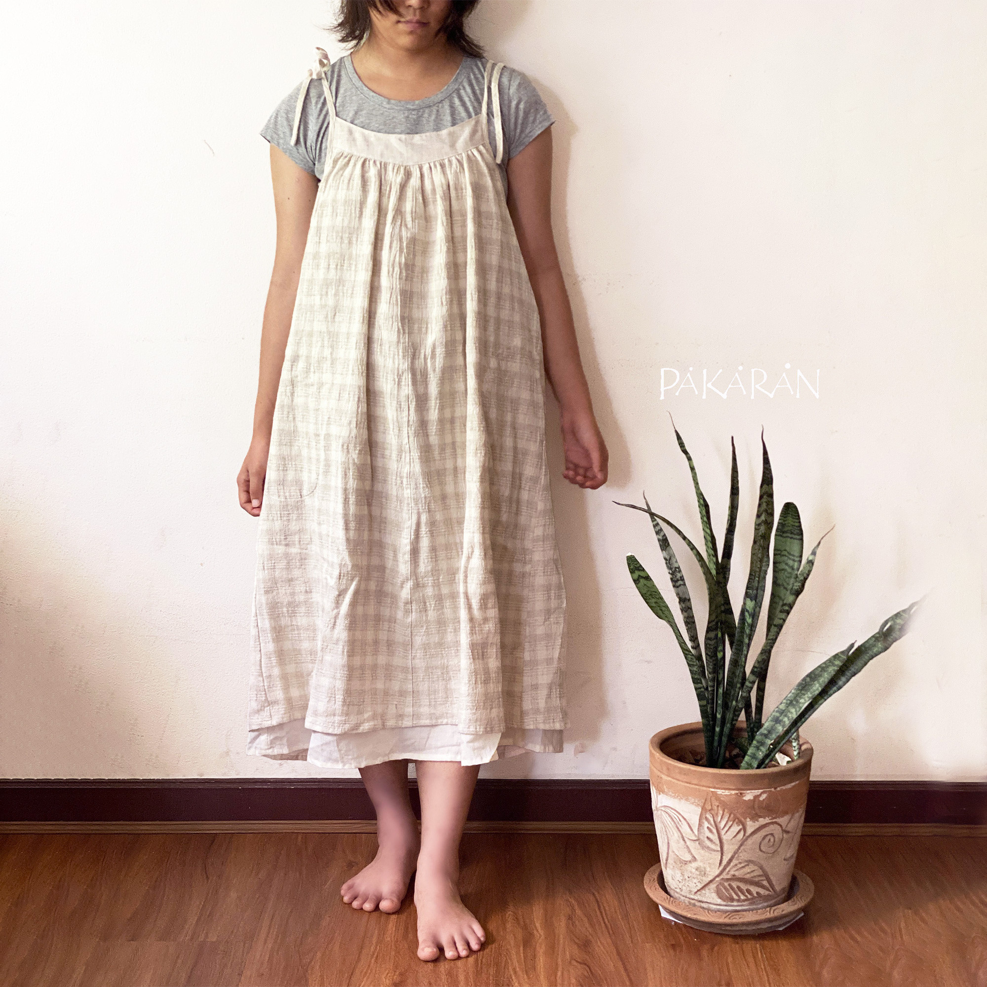 リネンコットンのダブルワンピース・きなりチェック