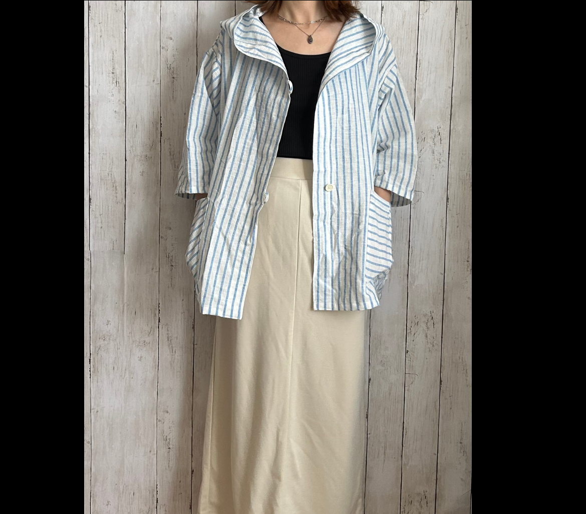 涼しげな水色ストライプcottonリネンフード付きジャケット