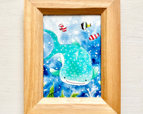 魚の水彩画額縁付き 水彩画 魚市場の風景( 額縁付き)