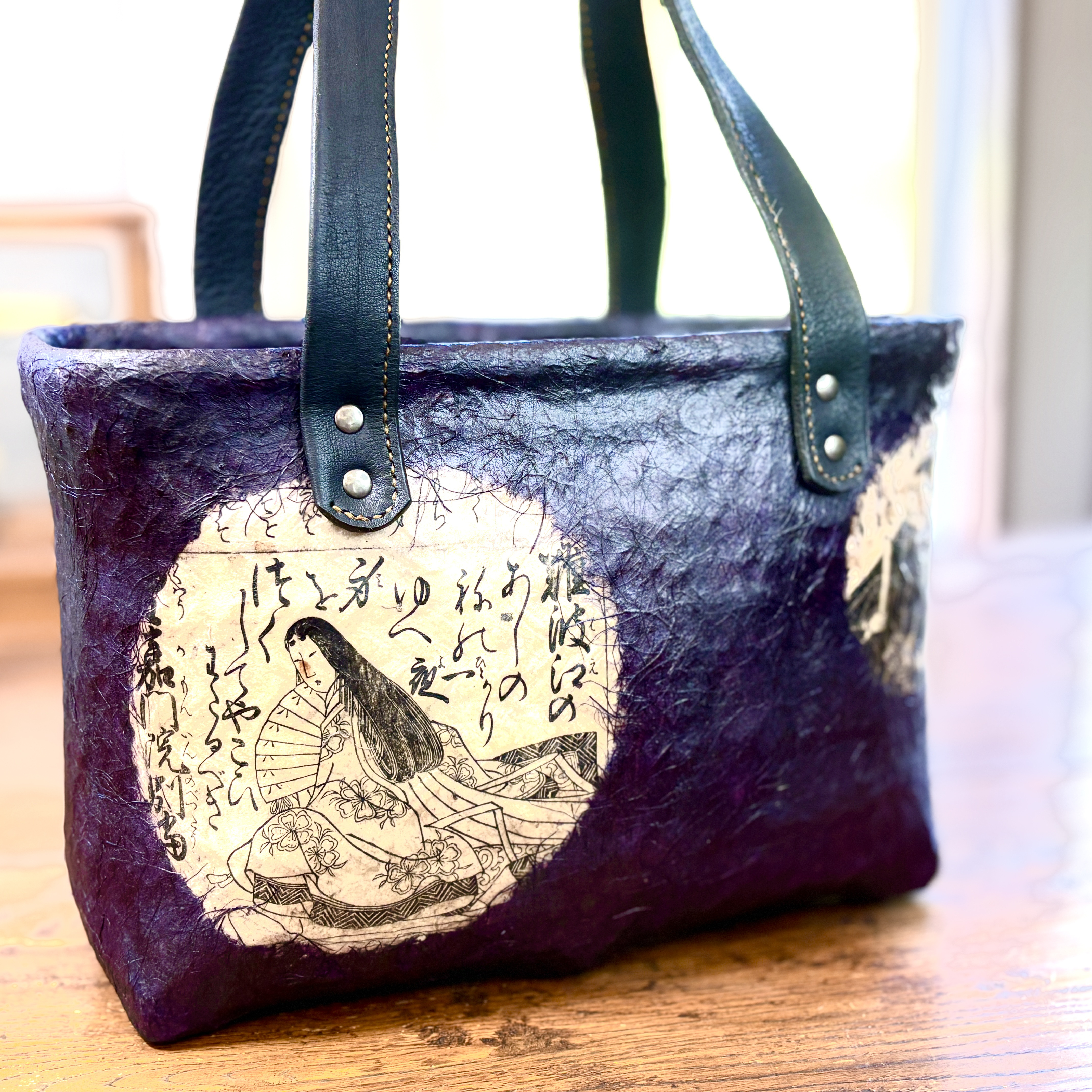一閑張　かごバック　和紙　柿渋仕上　一点物　本革取手　百人一首　往来物　本物浮世絵　古書和本　歌麿北斎門人　墨摺絵本 21,900円