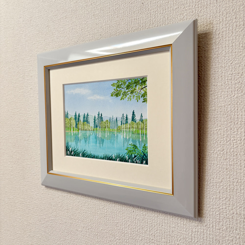 アクリル画　原画　「美瑛・青い池06」額縁付　F0サイズ　風景画 美瑛・青い池06」額縁付き 原画 アクリル画 F0サイズ 風景画