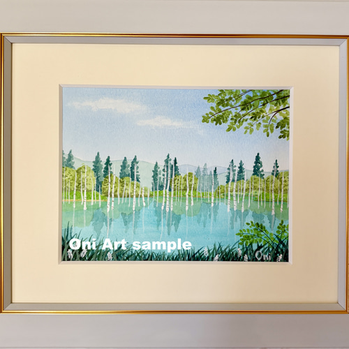 アクリル画　原画　「美瑛・青い池06」額縁付　F0サイズ　風景画 美瑛・青い池06」額縁付き 原画 アクリル画 F0サイズ 風景画