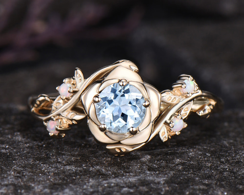 ローズフラワーリング リーフリング 3月の誕生石 天然アクア