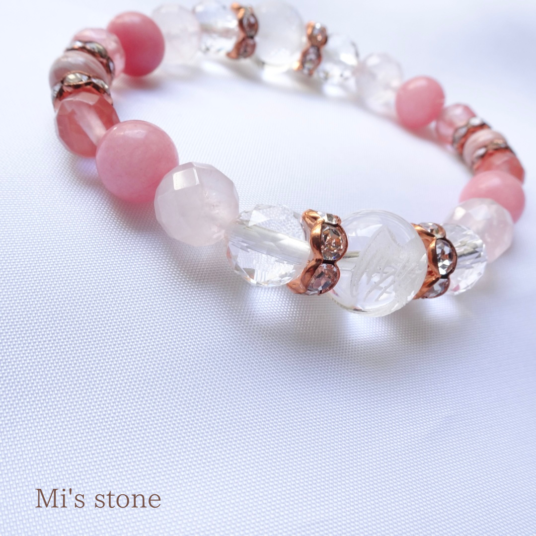 サクラジェード× インカローズ× 素彫り水晶の天然石ブレスレット