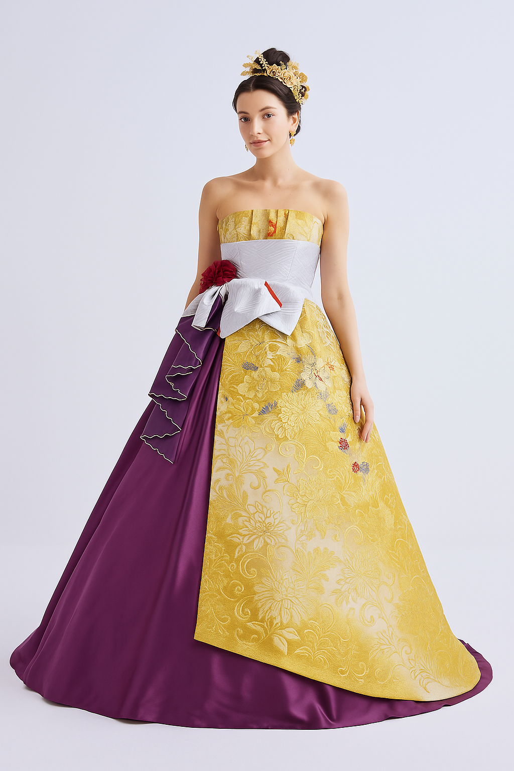 送料無料！ウエディング着物ドレス、和風ドレス ビスチェドレス パープル Aライン 結婚式 ピアノ演奏会/音楽会