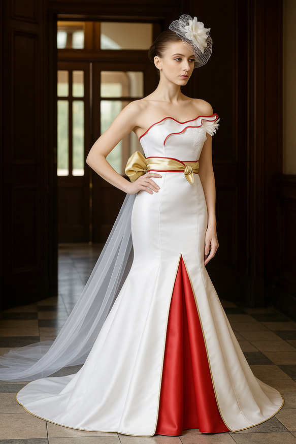 マーメイドウエディングドレス ロイヤルサテン フリル 和風 披露宴