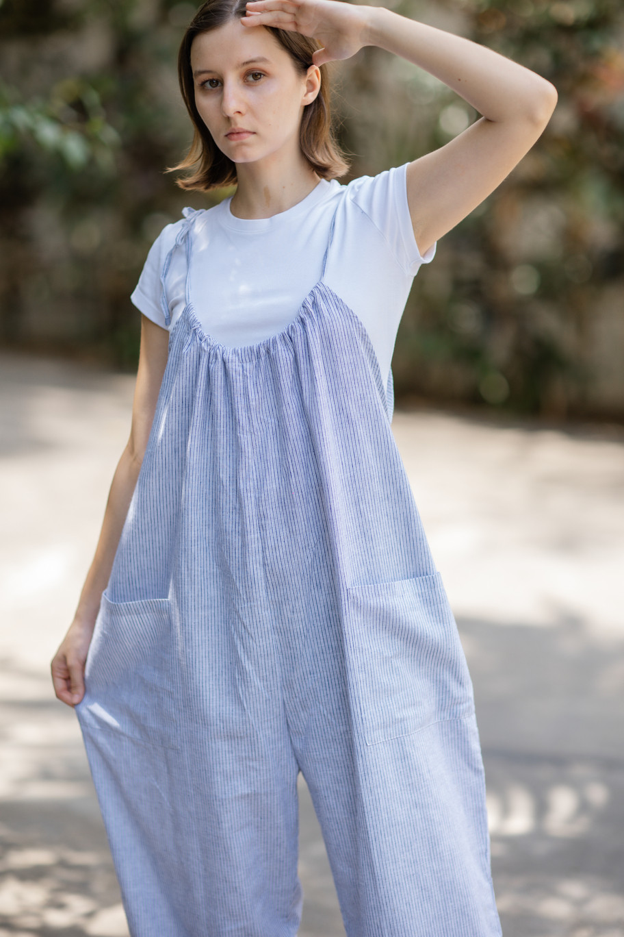 <送料無料>ストライプコットン　紐サロペット