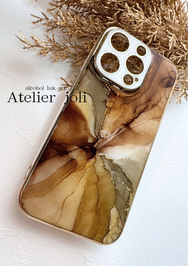 ブロンズゴールド×ブラウン｜iPhoneケースiPhone対応／アルコールインクアート