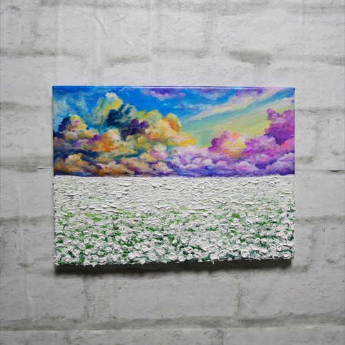 油絵 油彩 油彩画 絵 絵画【朝焼けの草原に咲く白い花と朝日】 油絵 油彩 油彩画 絵 絵画【朝焼けの草原に咲く白い花と朝日
